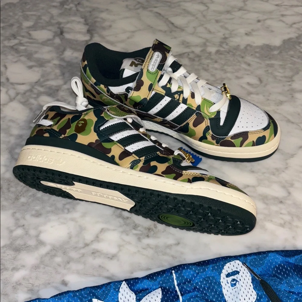 Adidas x Bape Camo Sneakers with Gold and Black Accents